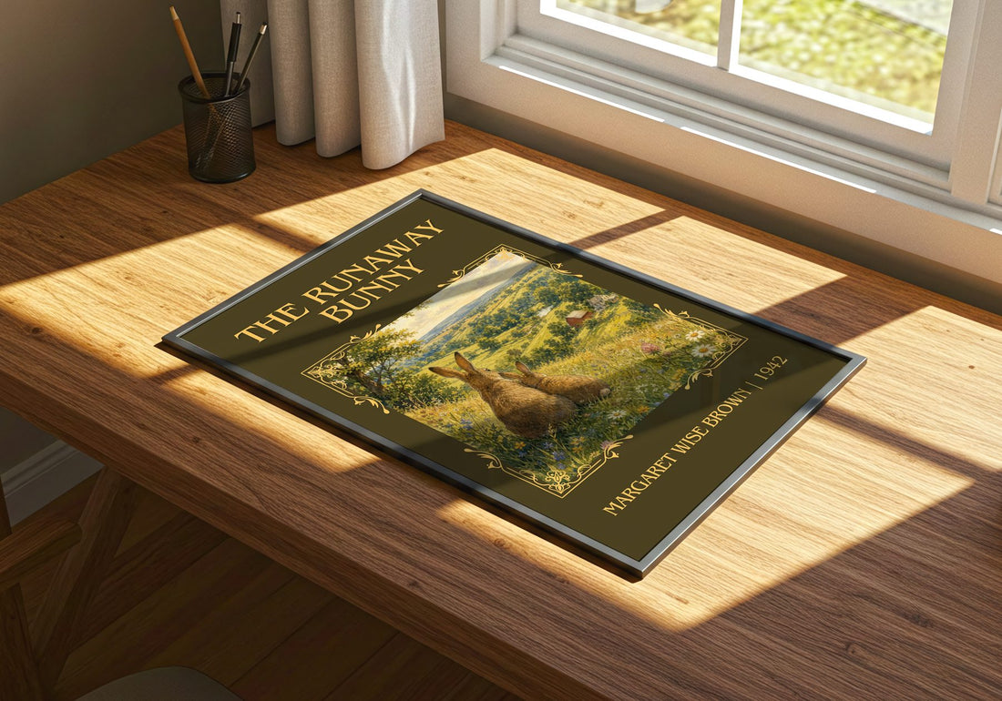 The Runaway Bunny Classic Book Art Print by Margaret Wise Brown – print on a sunlit desk