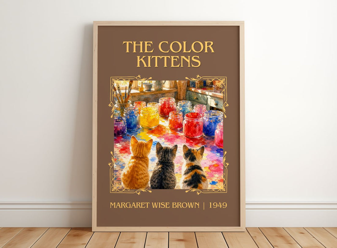 The Color Kittens Classic Book Art Print by Margaret Wise Brown – framed print leaning on a wooden floor