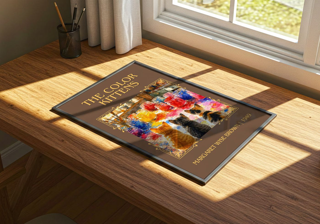 The Color Kittens Classic Book Art Print by Margaret Wise Brown – print on a sunlit desk