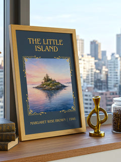 The Little Island Classic Book Art Print by Margaret Wise Brown – framed print on a city-view windowsill