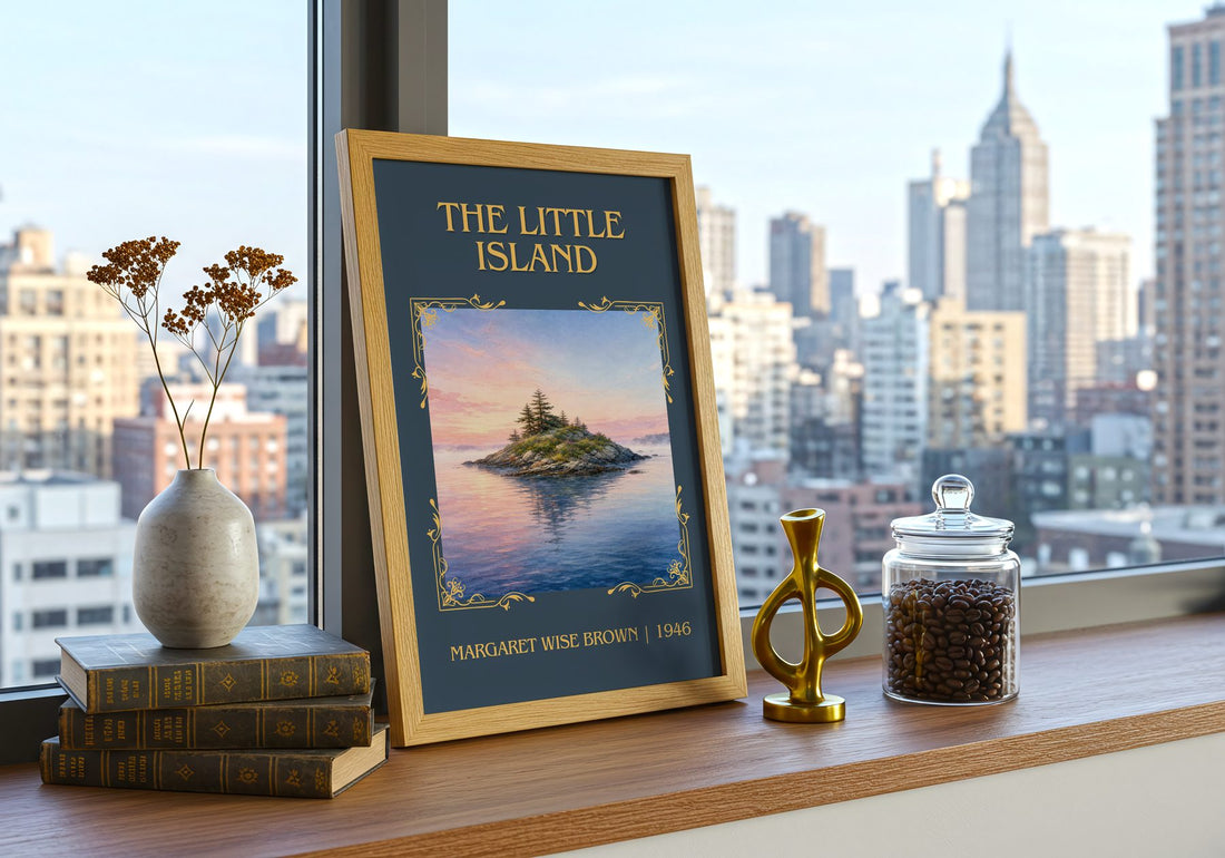 The Little Island Classic Book Art Print by Margaret Wise Brown – framed print on a city-view windowsill