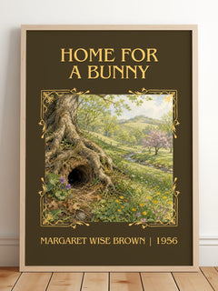Home For A Bunny Classic Book Art Print by Margaret Wise Brown – framed print leaning on a wooden floor