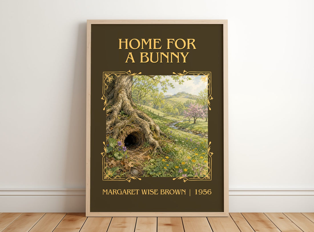Home For A Bunny Classic Book Art Print by Margaret Wise Brown – framed print leaning on a wooden floor