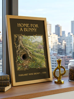 Home For A Bunny Classic Book Art Print by Margaret Wise Brown – framed print on a city-view windowsill