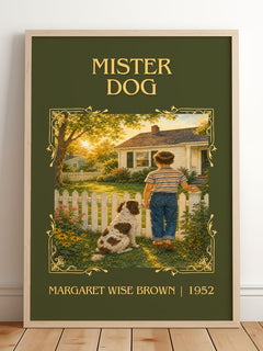 Mister Dog Classic Book Art Print by Margaret Wise Brown – framed print leaning on a wooden floor