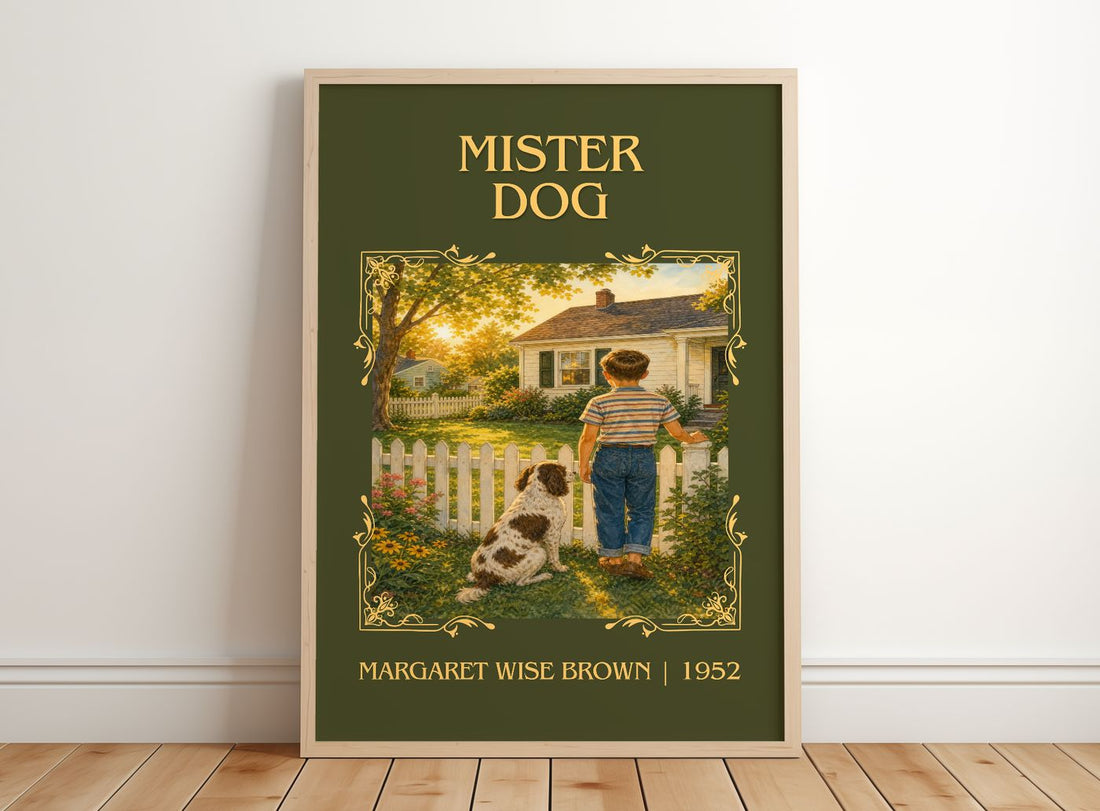 Mister Dog Classic Book Art Print by Margaret Wise Brown – framed print leaning on a wooden floor