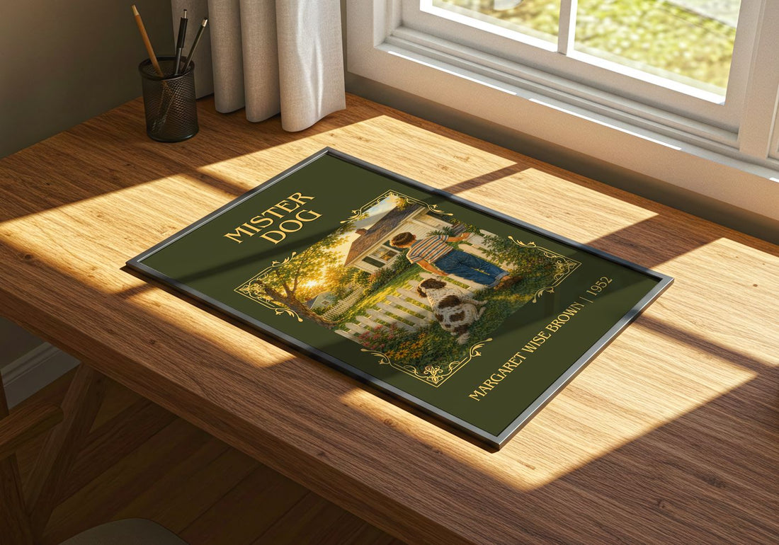 Mister Dog Classic Book Art Print by Margaret Wise Brown – print on a sunlit desk