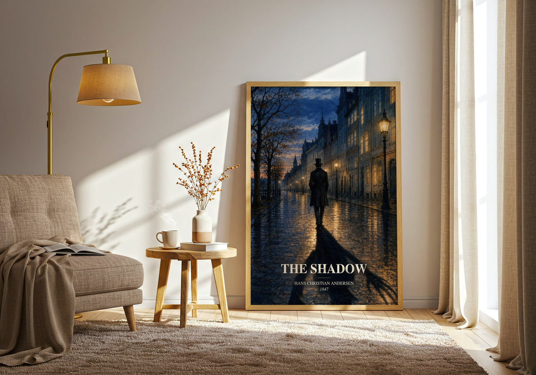 The Shadow watercolour print in frame leaning in hallway – childrens wall art (mockup)