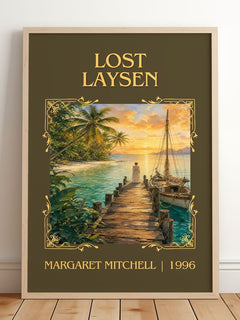 Lost Laysen Classic Book Art Print by Margaret Mitchell – framed print leaning on a wooden floor