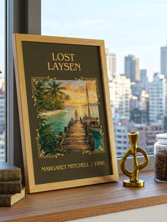 Lost Laysen Classic Book Art Print by Margaret Mitchell – framed print on a city-view windowsill