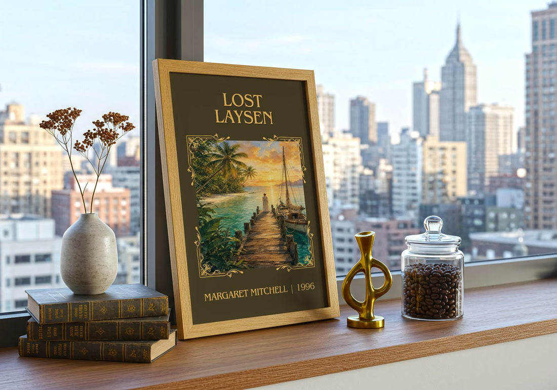 Lost Laysen Classic Book Art Print by Margaret Mitchell – framed print on a city-view windowsill