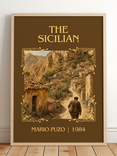 The Sicilian Classic Book Art Print by Mario Puzo – framed print leaning on a wooden floor