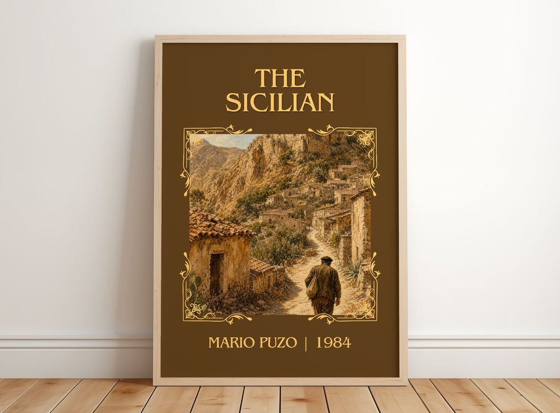 The Sicilian Classic Book Art Print by Mario Puzo – framed print leaning on a wooden floor