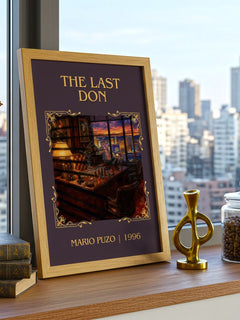 The Last Don Classic Book Art Print by Mario Puzo – framed print on a city-view windowsill