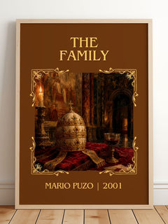 The Family Classic Book Art Print by Mario Puzo – framed print leaning on a wooden floor
