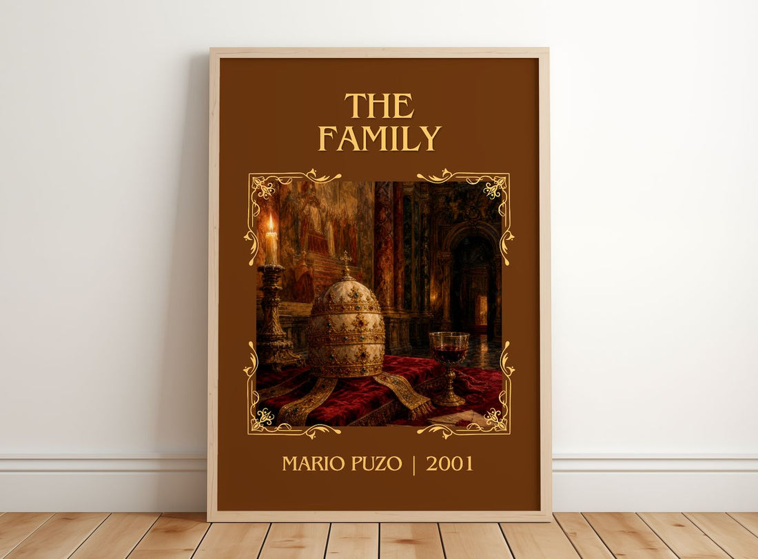 The Family Classic Book Art Print by Mario Puzo – framed print leaning on a wooden floor