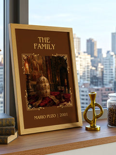 The Family Classic Book Art Print by Mario Puzo – framed print on a city-view windowsill