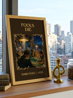 Fools Die Classic Book Art Print by Mario Puzo – framed print on a city-view windowsill