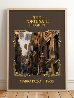 The Fortunate Pilgrim Classic Book Art Print by Mario Puzo – framed print leaning on a wooden floor