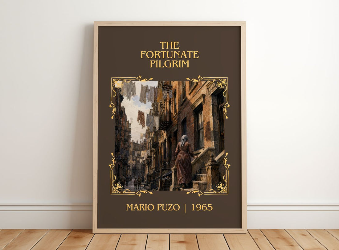 The Fortunate Pilgrim Classic Book Art Print by Mario Puzo – framed print leaning on a wooden floor
