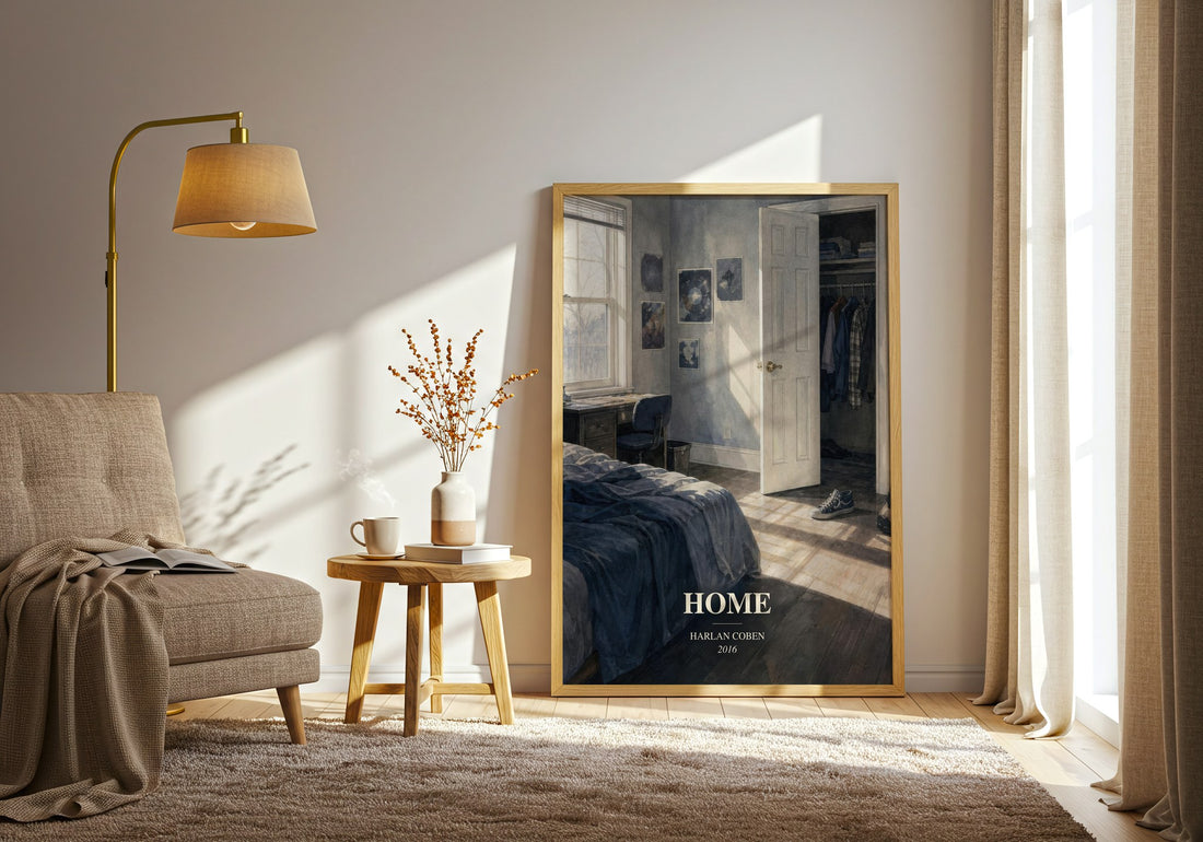 Home watercolour print in frame leaning in hallway – thriller wall art (mockup)