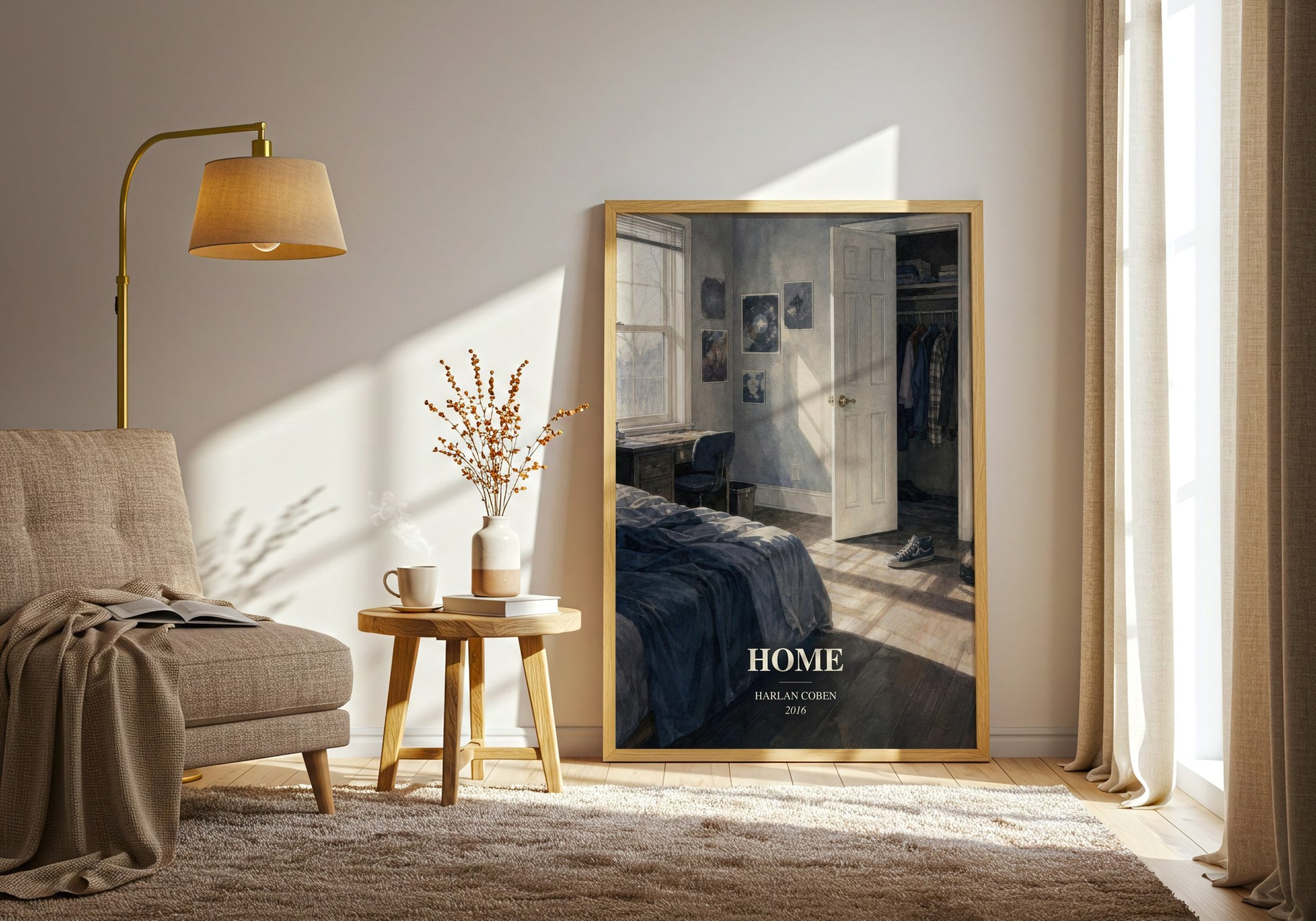 Home watercolour print in frame leaning in hallway – thriller wall art