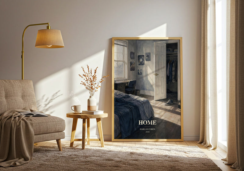 Home watercolour print in frame leaning in hallway – thriller wall art
