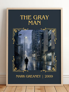 The Gray Man Classic Book Art Print by Mark Greaney – framed print leaning on a wooden floor