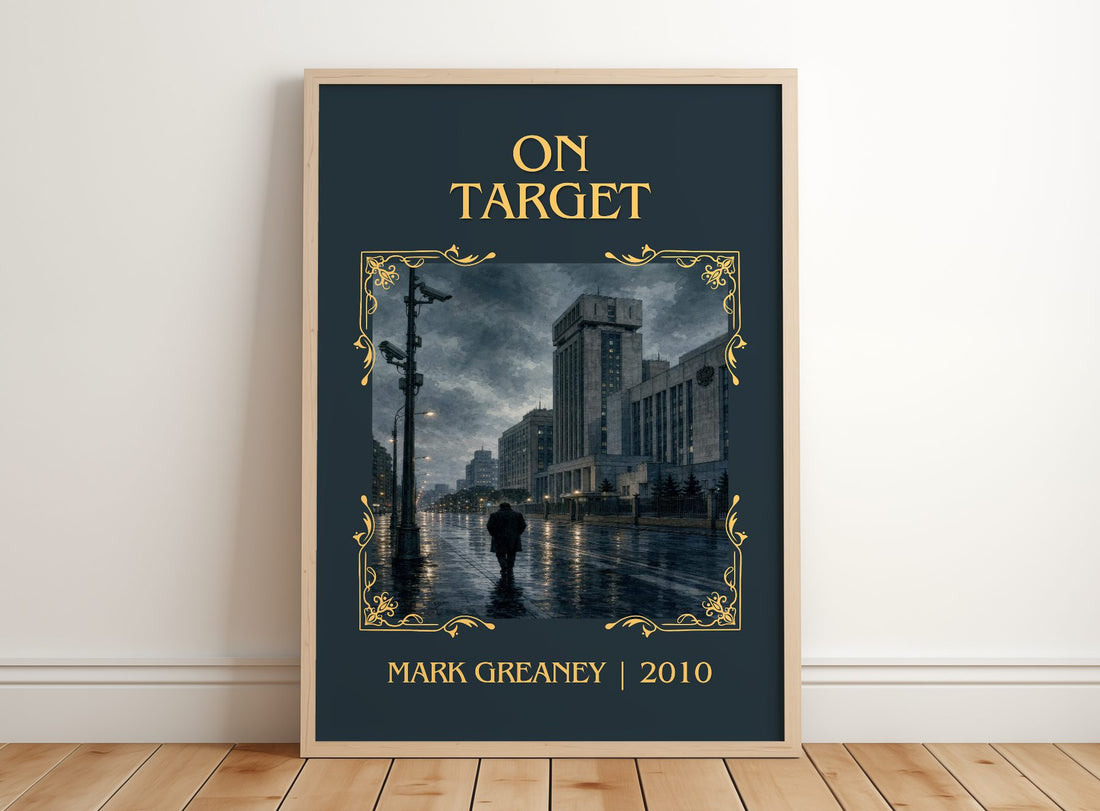 On Target Classic Book Art Print by Mark Greaney – framed print leaning on a wooden floor