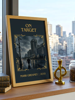 On Target Classic Book Art Print by Mark Greaney – framed print on a city-view windowsill