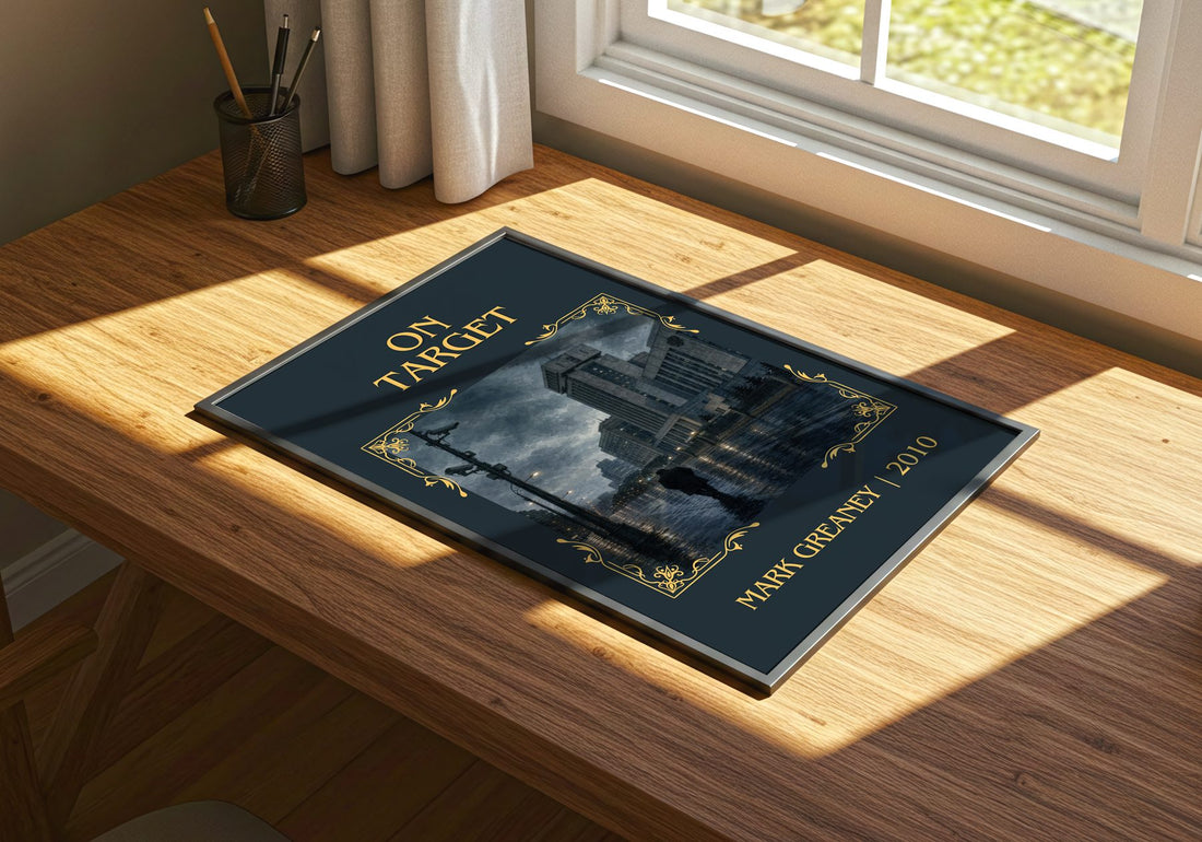 On Target Classic Book Art Print by Mark Greaney – print on a sunlit desk