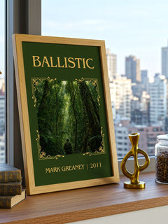 Ballistic Classic Book Art Print by Mark Greaney – framed print on a city-view windowsill