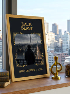 Back Blast Classic Book Art Print by Mark Greaney – framed print on a city-view windowsill