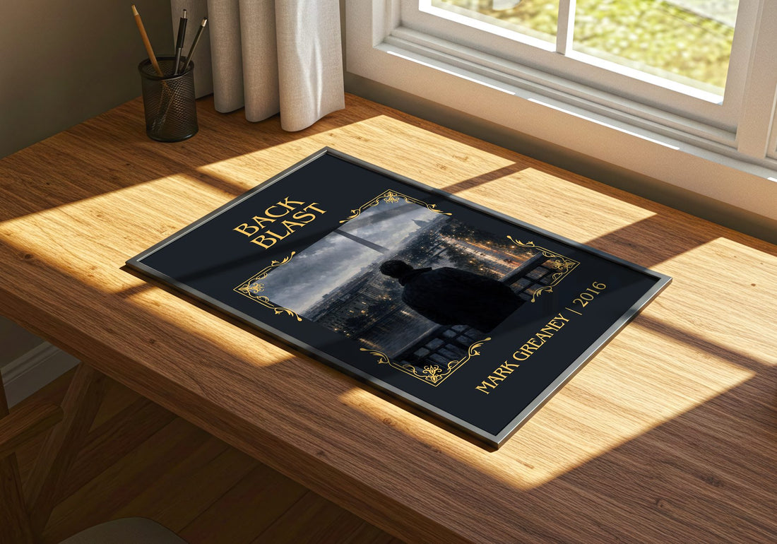 Back Blast Classic Book Art Print by Mark Greaney – print on a sunlit desk