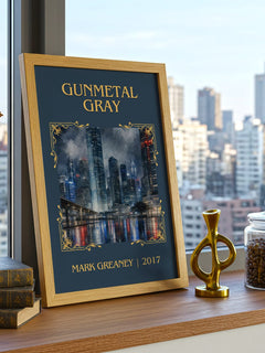 Gunmetal Gray Classic Book Art Print by Mark Greaney – framed print on a city-view windowsill