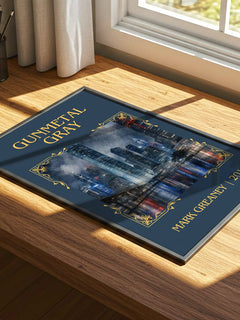Gunmetal Gray Classic Book Art Print by Mark Greaney – print on a sunlit desk