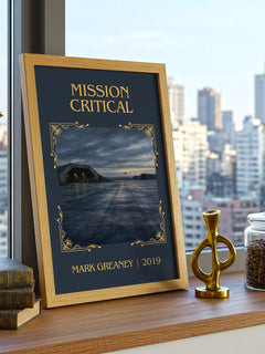 Mission Critical Classic Book Art Print by Mark Greaney – framed print on a city-view windowsill