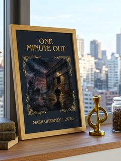 One Minute Out Classic Book Art Print by Mark Greaney – framed print on a city-view windowsill
