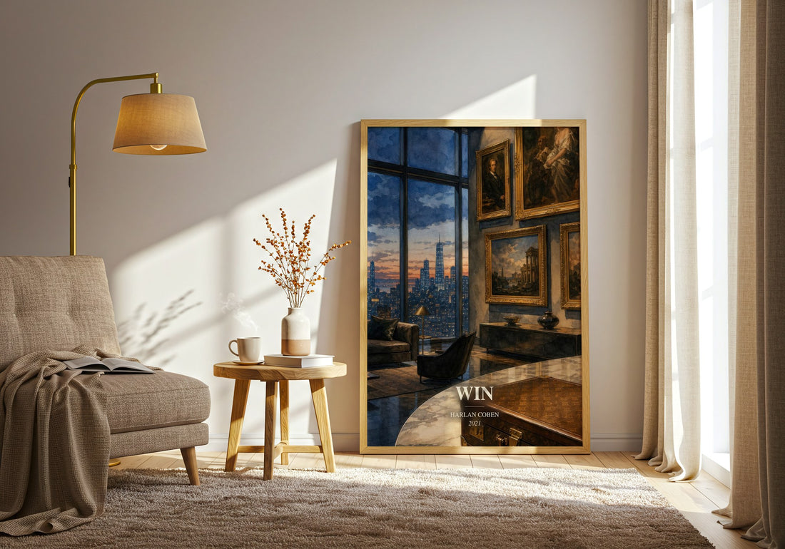 Win watercolour print in frame leaning in hallway – thriller wall art (mockup)