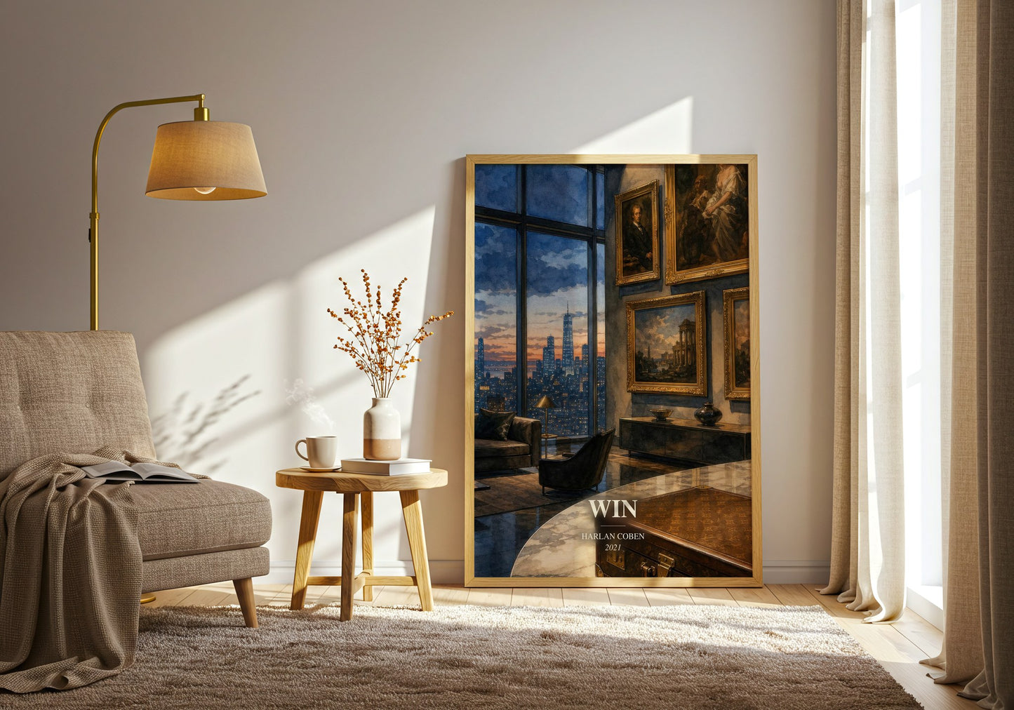 Win watercolour print in frame leaning in hallway – thriller wall art