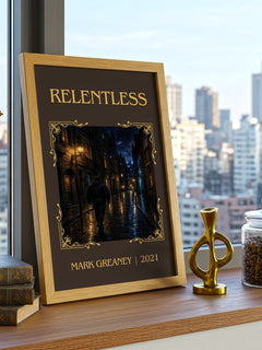 Relentless Classic Book Art Print by Mark Greaney – framed print on a city-view windowsill