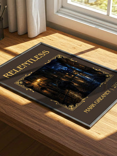 Relentless Classic Book Art Print by Mark Greaney – print on a sunlit desk
