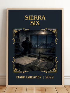 Sierra Six Classic Book Art Print by Mark Greaney – framed print leaning on a wooden floor