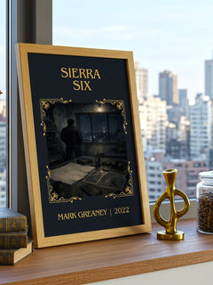 Sierra Six Classic Book Art Print by Mark Greaney – framed print on a city-view windowsill