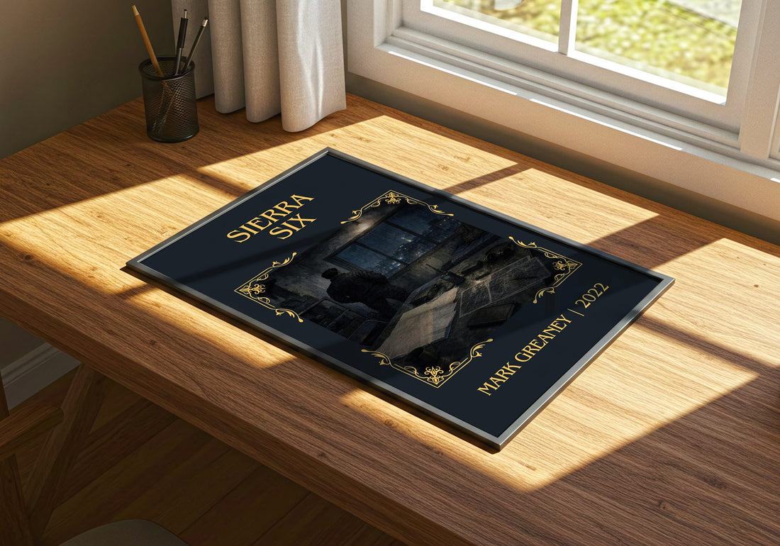 Sierra Six Classic Book Art Print by Mark Greaney – print on a sunlit desk