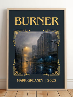 Burner Classic Book Art Print by Mark Greaney – framed print leaning on a wooden floor