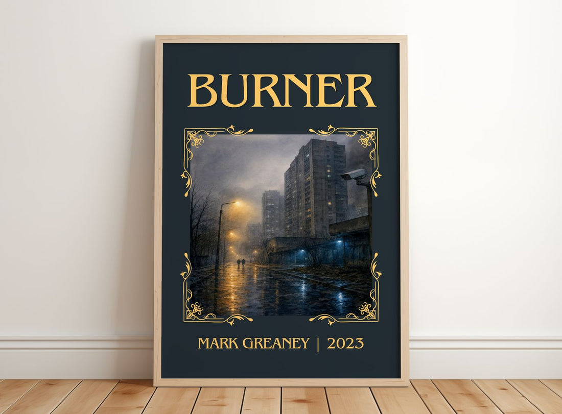 Burner Classic Book Art Print by Mark Greaney – framed print leaning on a wooden floor