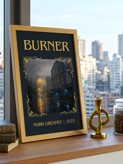 Burner Classic Book Art Print by Mark Greaney – framed print on a city-view windowsill