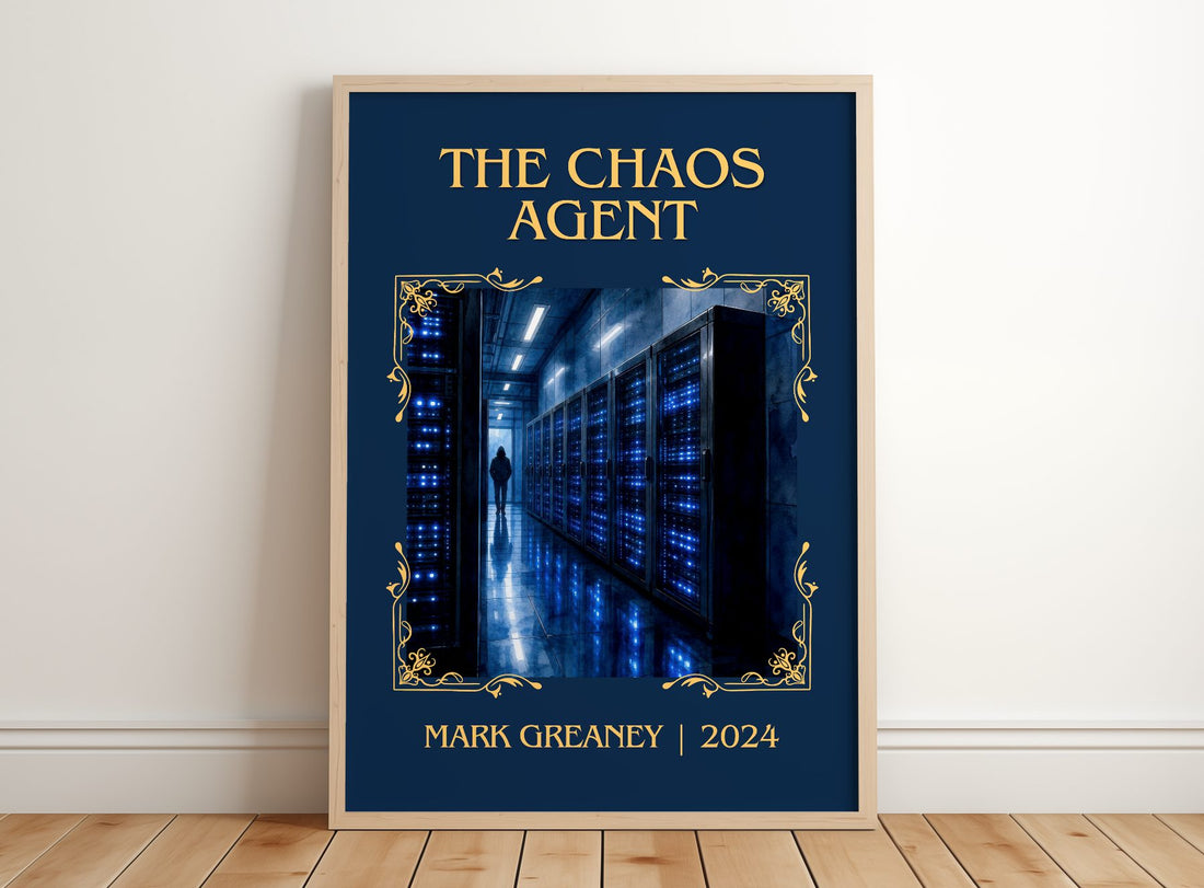 The Chaos Agent Classic Book Art Print by Mark Greaney – framed print leaning on a wooden floor