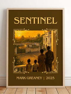 Sentinel Classic Book Art Print by Mark Greaney – framed print leaning on a wooden floor